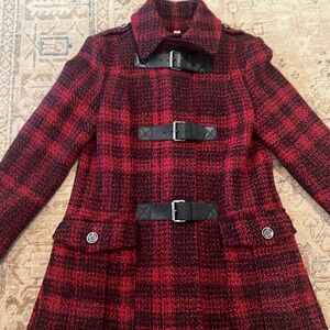 Burberry Brit Black and Red Plaid Wool Tweed Coat